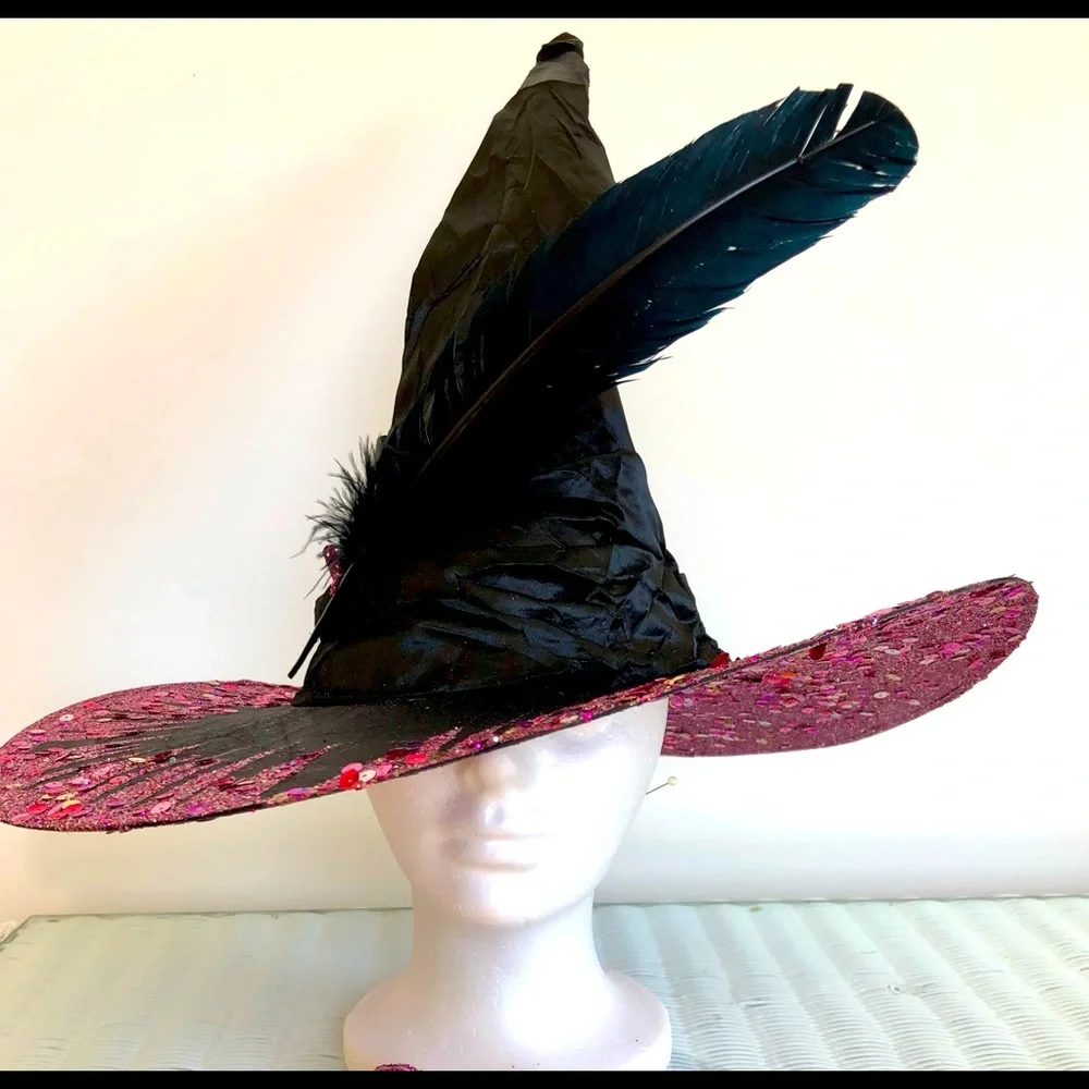 Witch hat artisan Black satin brim top & below multi pinks sparkles Flower & f…